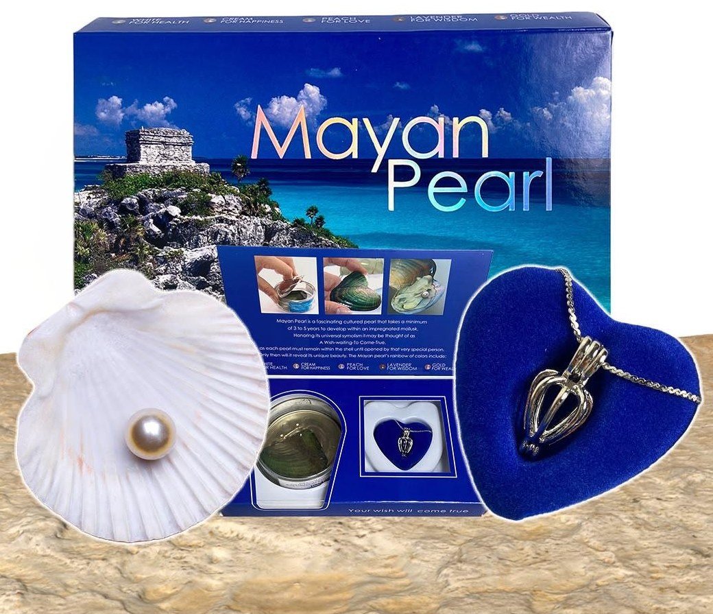 Kit Mayan Pearl: caja, ostra con perla y dije en forma de jaula con collar sobre estuche de terciopelo azul
