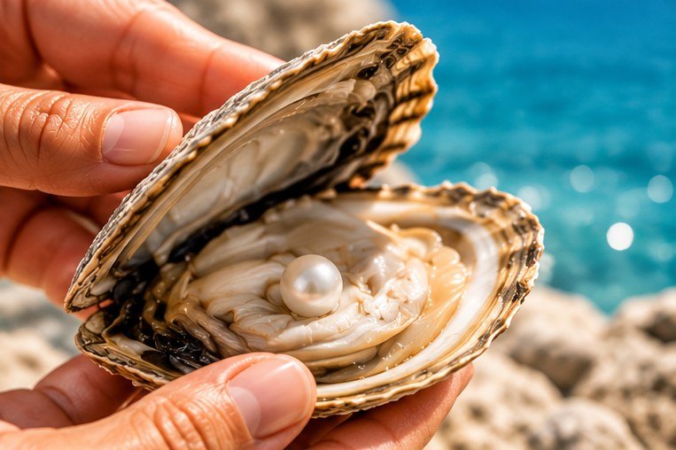 Manos sosteniendo una ostra abierta con una perla blanca, con el mar Caribe de fondo